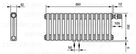Схема (чертеж) Радиатор Zehnder Charleston 2035/15 №V008 Белый глянцевый RAL 9016